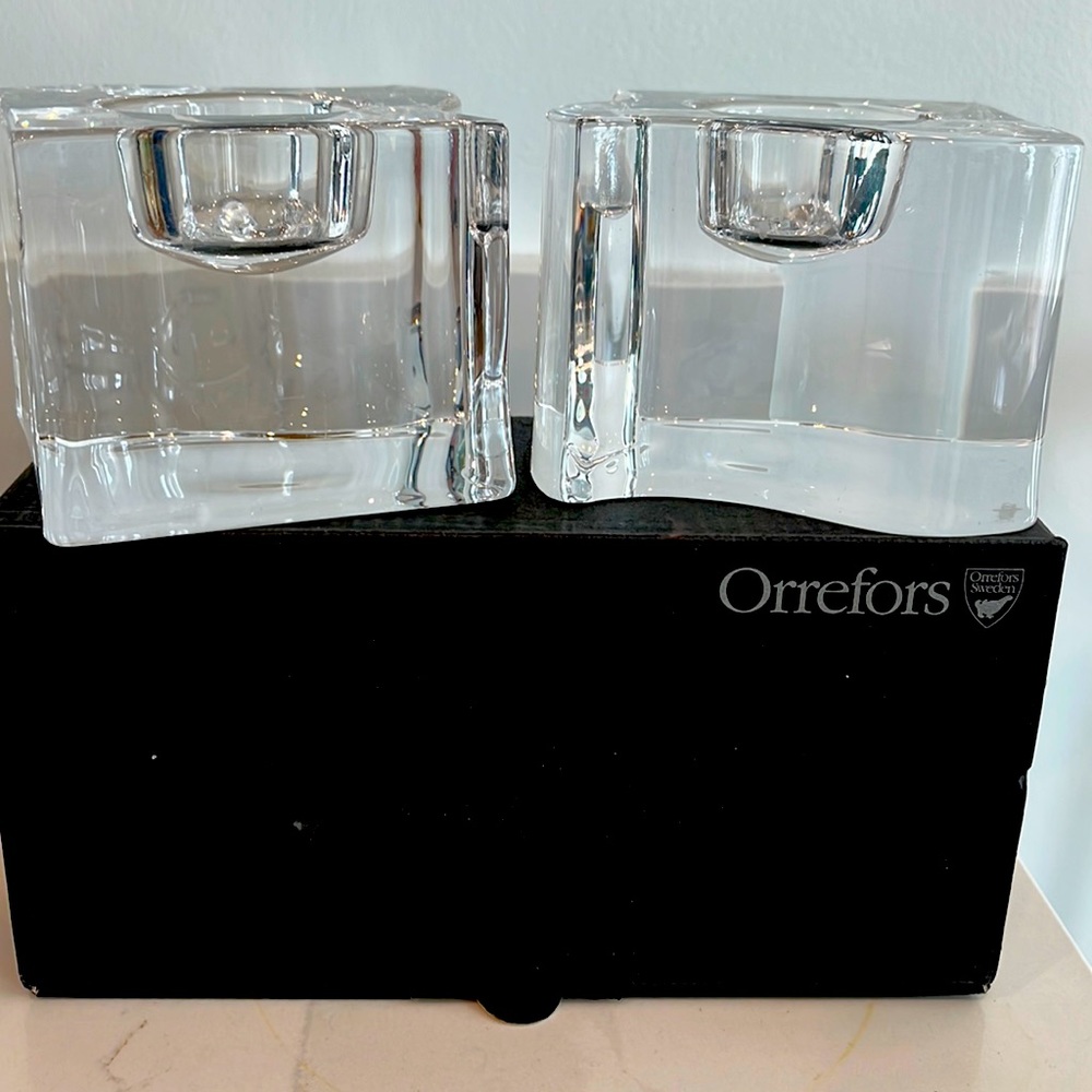 Set of two Orrefors Crystal votives. Never used. Original box.